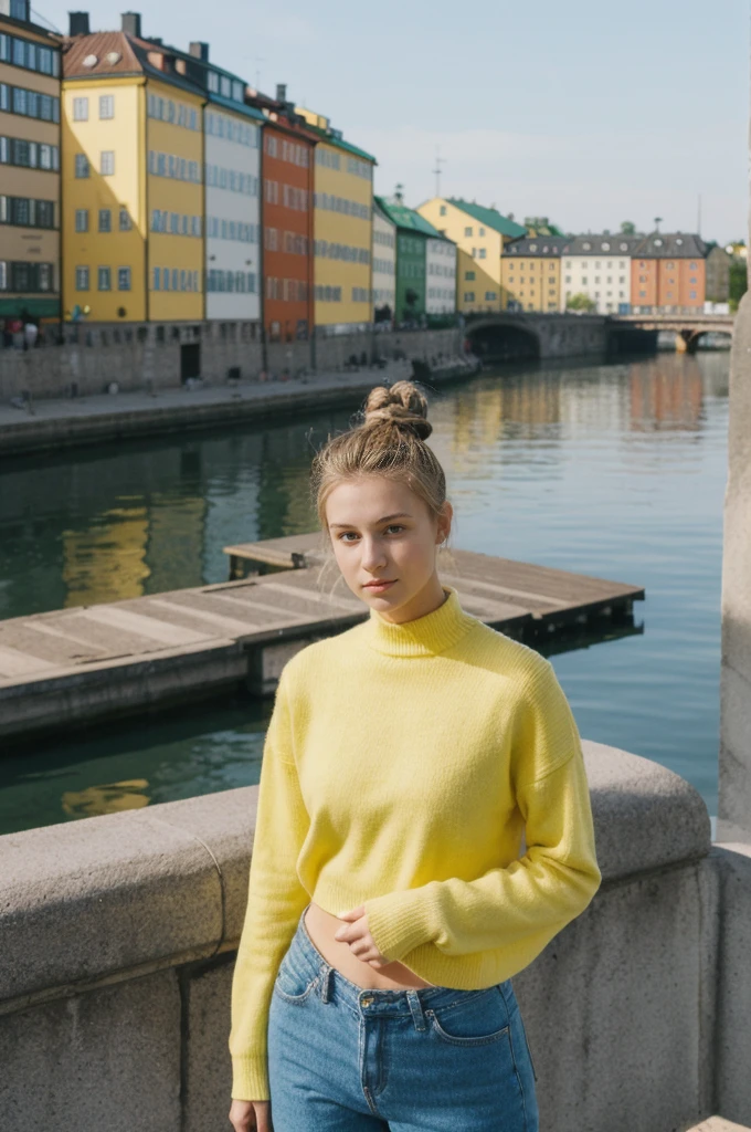 her name is Annie, high quality, 1girl, ((20-year-old fit Caucasian woman)), ((20 years old)), ((fit)), ((hair in a bun)), pose: standing, wearing bright colored unique gen Z modern wear, BACKGROUND: Grew up in the scenic city of Stockholm, where the archipelago meets sophisticated urban design and rich history.