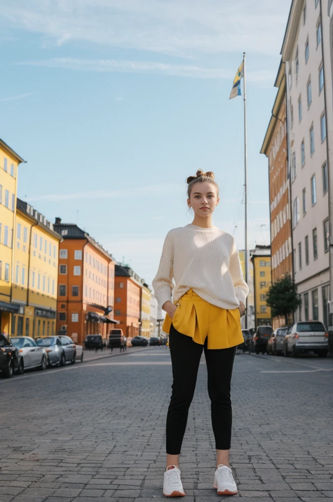 her name is Annie, high quality, 1girl, ((20-year-old fit Caucasian woman)), ((20 years old)), ((fit)), ((hair in a bun)), pose: standing, wearing bright colored unique gen Z modern wear, BACKGROUND: Grew up in the scenic city of Stockholm, where the archipelago meets sophisticated urban design and rich history.