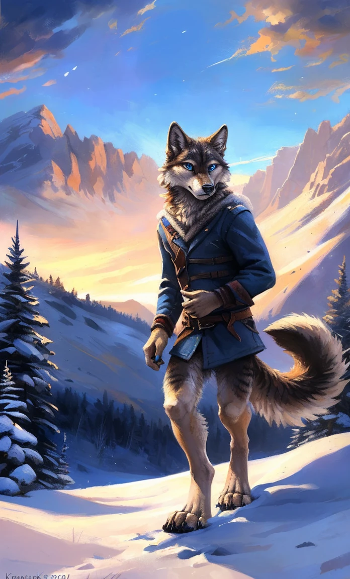((Solo)), male people, anthro wolf, (Multi-colored fur, White-brown:1.3,White tail pointed), (Height 2.1m,Tail length 1.2m), ((Wolf face, Big eyes, White eyelids, Blue pupil, Slim:1.2) (Tough, Calm expression:1.2)), Slim, pinging)), (Correct anatomy), (Winter clothing:1.1), The upper body naked, (detailed outfits),A long big tail,Feet,(Realistic fur, Detailed fur texture, labeled:1.3)), (Natural lighting), Photorealistic, Hyperrealistic, ultradetailed, by Kenket,Snowfield,erect through,Running on