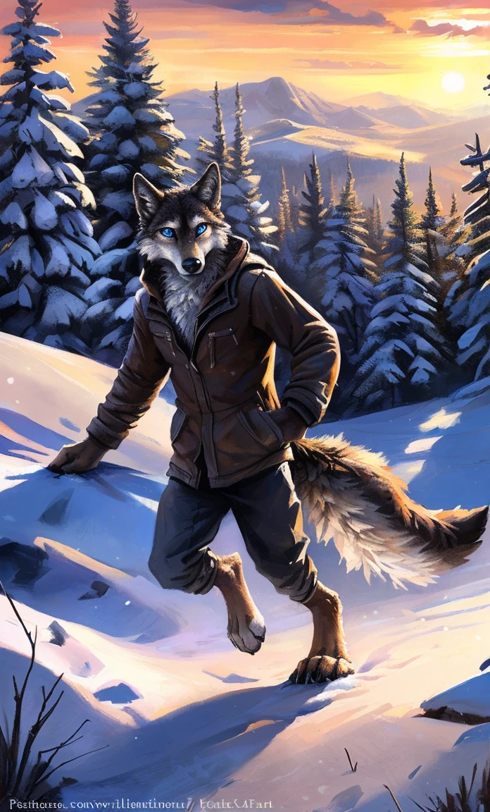 ((Solo)), male people, anthro wolf, (Multi-colored fur, White-brown:1.3，White tail pointed), (Height 2.1m,Tail length 1.2m), ((Wolf face, Big eyes, White eyelids, Blue pupil, Slim:1.2) (Tough, Calm expression:1.2)), Slim, pinging)), (Correct anatomy), (Winter clothing:1.1), The upper body  naked, (detailed outfits),A long big tail，Feet，(Realistic fur, Detailed fur texture, labeled:1.3)), (Natural lighting), Photorealistic, Hyperrealistic, ultradetailed, by Kenket，Snowfield，erect through，Running on