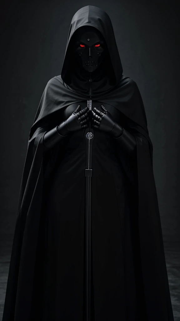 Robotic female grim reaper in black cloak