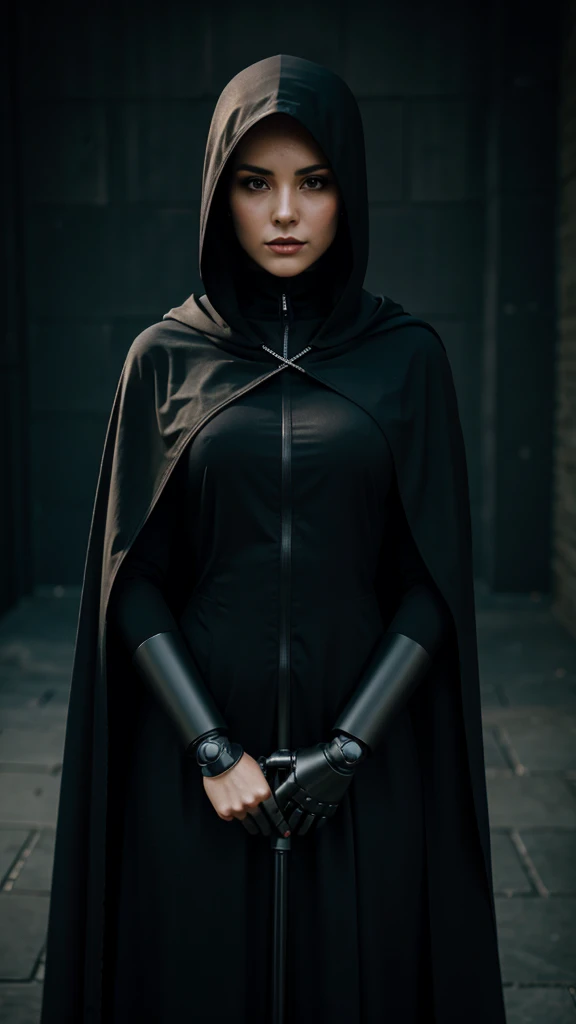 Robotic female grim reaper in black cloak 