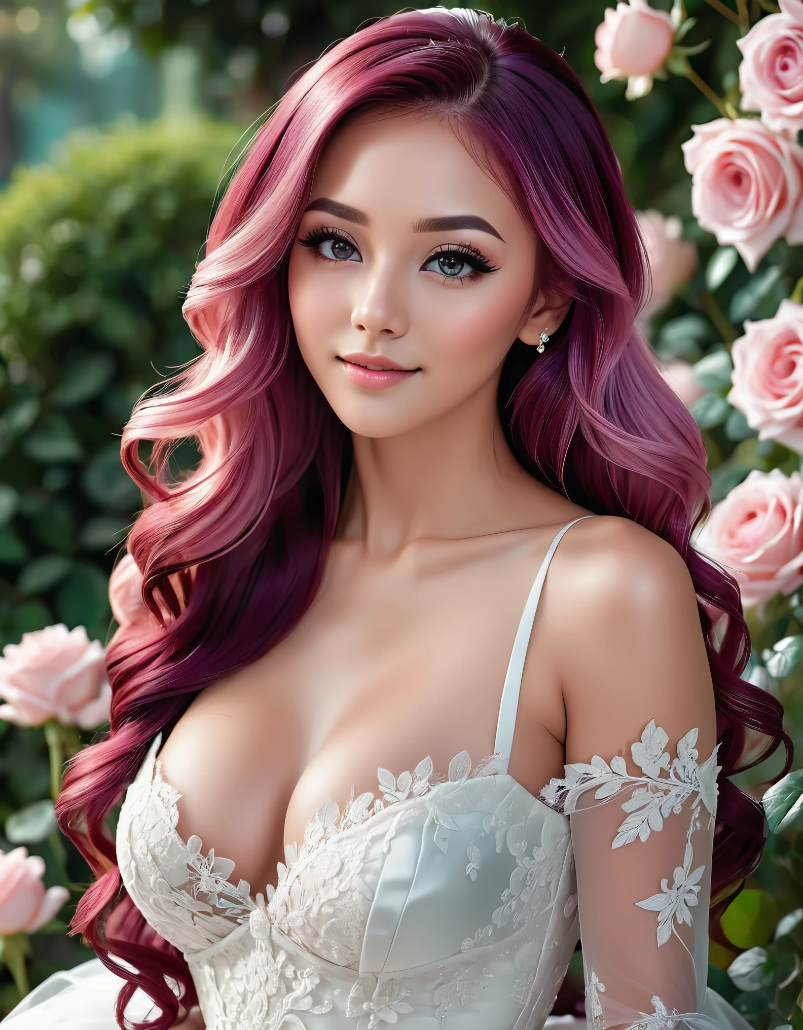 (masterpiece, best quality, beautiful and aesthetic:1.3), side view, 1 young lady, Happy,  smirk,  (Claret hair Gradient pink hair:1.6), Absurdly long hair, half updo half up half down, wavy end, shiny hair, Flowing hair, (glowing purple eyes), Exquisite eyes, Aqua eyes, Super high detail eyes, long upper eyelashes, cosmetic, focus on face, Very rich facial details, Pretty Face, Perfect breasts, Hot body, (The skin texture is delicate:1.2), white Wedding dress, Lace-trimmed dress, transparent, Wedding dress, outdoor, White Rose, garden, morning, Everlasting, Very detailed, 