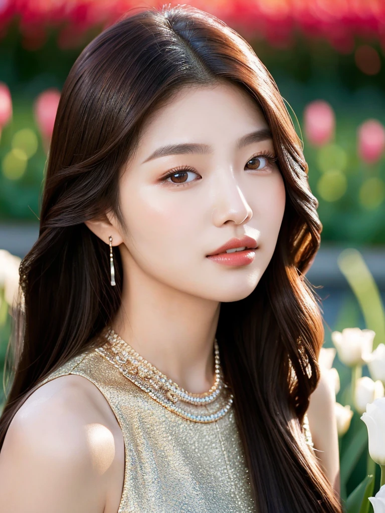 Kwon Eun-bi is a young Korean woman in her 26s. She hair is chanel-cut in a coppery red colors.
She face is slightly shorter than it is long, which carry a warm , expressive face. Her skin is radiant and clear, presenting an impeccable state of health and her curved lips.
Large, brown eyes are expressive and captivating.
She height is medium, her natural body and defined made up of proportional curves. with the most charming and provocative. It matches their personalities.
She wears a simple silver dress, in the background in a tulip garden at dusk the moonlight weaves under her.