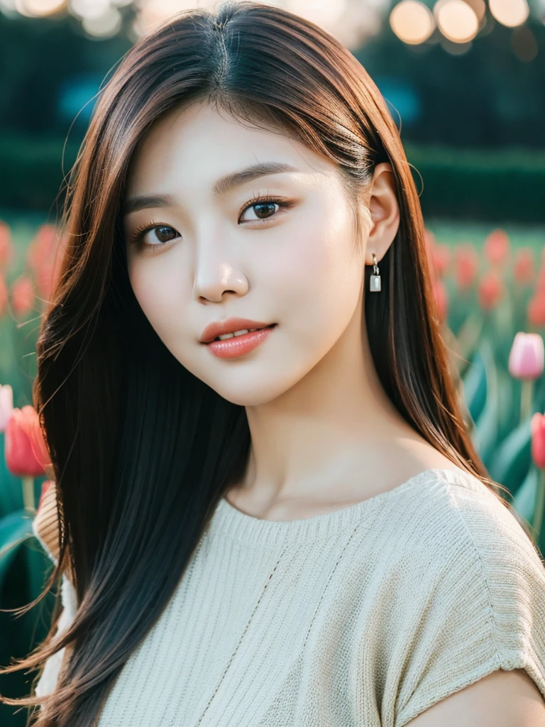 Kwon Eun-bi is a young Korean woman in her 26s. She hair is chanel-cut in a coppery red  colors. 
She face is slightly shorter than it is long, which carry a warm , expressive face. Her skin is radiant and clear, presenting an impeccable state of health and her curved lips. 
Large, brown eyes are expressive and captivating. 
She height is medium, her natural body and defined made up of proportional curves. with the most charming and provocative. It matches their personalities. 
She wears a simple silver dress, in the background in a tulip garden at dusk the moonlight weaves under her. 

