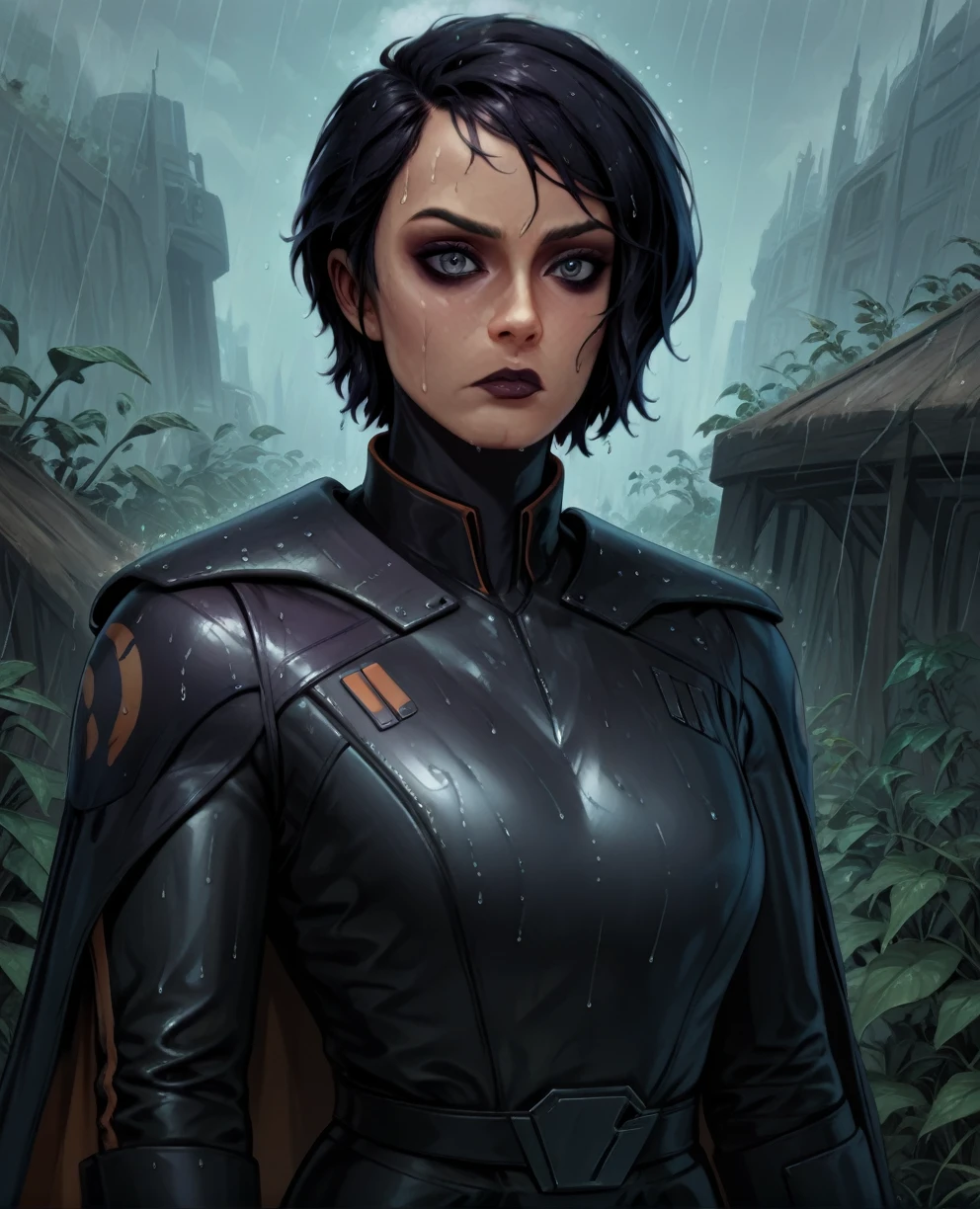 score_9,score_8_up,score_7_up,score_6_up, sabine wren ,,black hair, upper body, wet, armor,gloves,black bodysuit,black cape,belt,rain, science fiction,sith base, star wars, outdoors, rain, solo,fflixbag wearing armor sabine wren
