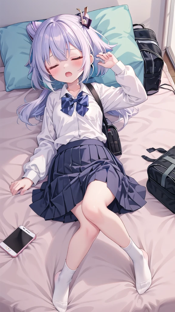 masterpiece,best quality,high quality,(colorful),[Artist onineko],[Artist chen bin],[Artist agwing86],Artist minato ojitan, 1girl, solo, lying, phone, on back, cellphone, skirt, closed eyes, bow, pillow, smartphone, socks, shirt, hair ornament, pleated skirt, sleeping, earphones, white shirt, school uniform, on bed, indoors, long hair, bowtie, blush, bed, hairclip, black socks, long sleeves, grey skirt, earbuds, breasts,open mouth, bag, school bag, collared shirt, no shoes, open skirt, small breasts, wooden floor, from above, black bowtie, white hair,green hair,hair ornament, gradient hair,nahida (genshin impact),