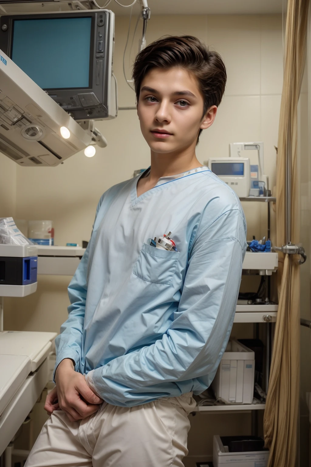 A beautiful young male twink with a face with reddish makeup. He has black hair. He is wearing a long-sleeved, white, printed shirt and aqua blue pants. He is in the surgical operating room, with medical equipment and medical instruments behind him, and behind him, he looks proudly.