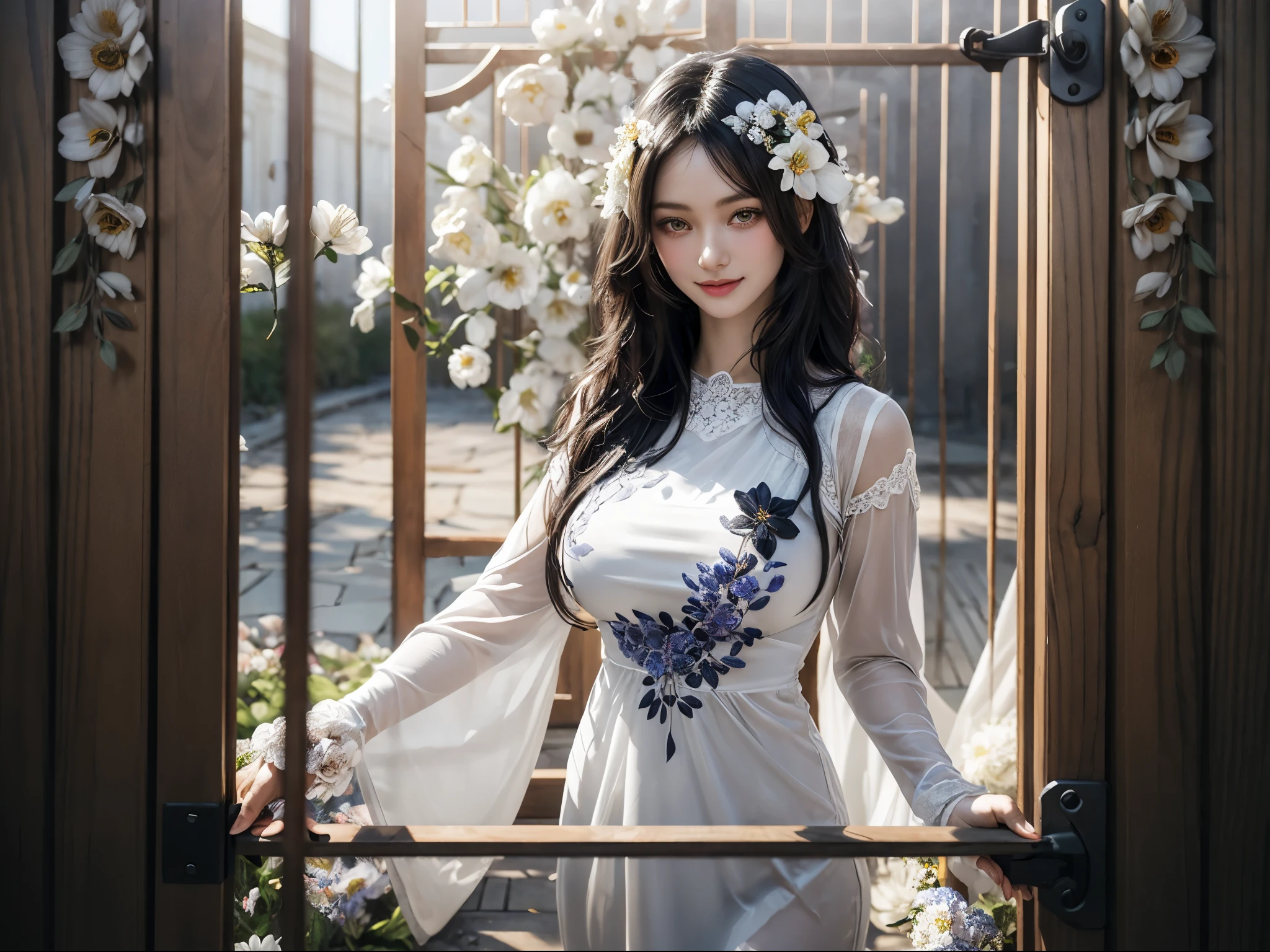 female in white, BREAK, 1girl, (30yo), detailed face, calm expression, very long black hair, intricate patterned white snug mini dress, thigh, (tyndall effect:1.2), natural light, fine art portrait, glowing dust, very dry hair, (masterpiece, realistic:1.3), looking at viewer, gentle smile, (flower gate decoration:1.4), outdoor, medium wide shot, huge breasts,