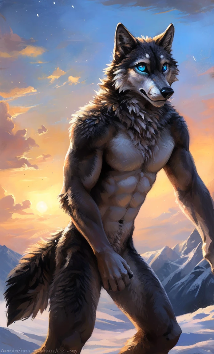 ((Solo)), male people, anthro wolf, (Multi-colored fur, White-brown:1.3,White tail pointed), (Height 2.1m,Tail length 1.5m), ((Wolf face, Big eyes, White eyelids, Blue pupil, Slim:1.2) (Tough, Calm expression:1.2)), Abs, Slim, pinging)), (Correct anatomy), Naked all over the body,A long big tail,Feet,(Realistic fur, Detailed fur texture, labeled:1.3)), (Natural lighting), Photorealistic, Hyperrealistic, ultradetailed, by Kenket,Snowfield,No artifacts, Running on