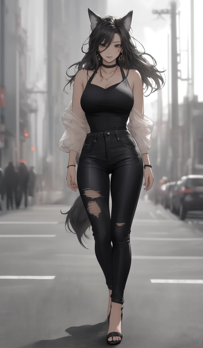 photo realism anime style Yusuke murata art with a big red wolf at his side Goddess phoenix girl chunli + Sakura perky breasts with cropped wavy hair v-cut dress v-cut ripped jeans wearing high heels walking on a dark gloomy street scared style photo realism, fully detailed drawing in black and monochrome bench and only the eyes in strong red 
