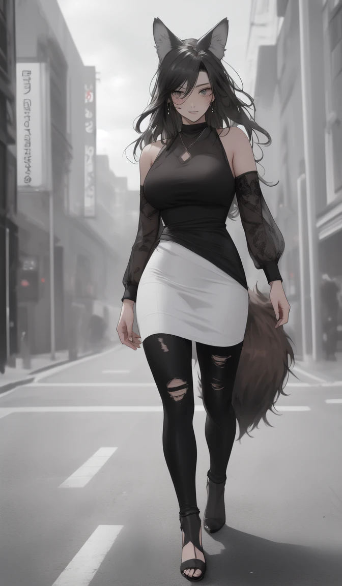 photo realism anime style Yusuke murata art with a big red wolf at his side Goddess phoenix girl chunli + Sakura perky breasts with cropped wavy hair v-cut dress v-cut ripped jeans wearing high heels walking on a dark gloomy street scared style photo realism, fully detailed drawing in black and monochrome bench and only the eyes in strong red 
