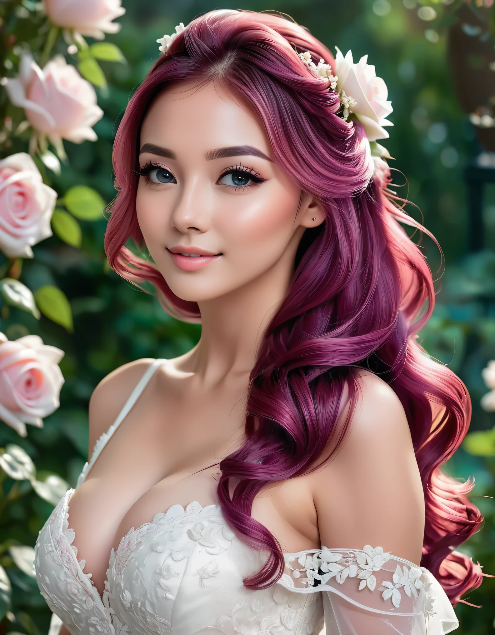 (masterpiece, best quality, beautiful and aesthetic:1.3), side view, 1 young lady, Happy,  smirk,  (Claret hair Gradient pink hair:1.6), Absurdly long hair, half updo half up half down, wavy end, shiny hair, Flowing hair, (glowing purple eyes), Exquisite eyes, Aqua eyes, Super high detail eyes, long upper eyelashes, cosmetic, focus on face, Very rich facial details, Pretty Face, Perfect breasts, Hot body, (The skin texture is delicate:1.2), white Wedding dress, Lace-trimmed dress, transparent, Wedding dress, outdoor, White Rose, garden, morning, Everlasting, Very detailed, 