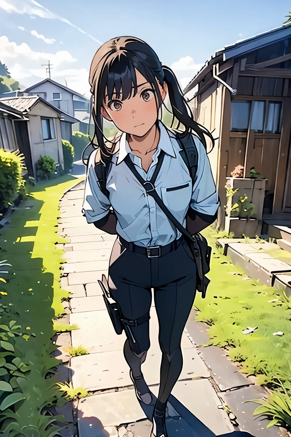 high quality, masterpiece, Ultra-high resolution, (realism: 1.4), Oil painting style, Cinema Lighting, An endless grassland dotted with a few houses, I stood on the empty asphalt road and looked at it., Fairy Mountain々was shrouded in mist, And the suspenders with the cranes flying　　　Moderate breasts　 　 　　　　Small face　 　　　holster　　　　　　　 Lying in bed　Looking up　　　　Sweat 　　　belt　summer　脇Sweat 　Black Hole Gloves　suit　shirt　　Black jacket　 Black trousers　Leg Links　ズボンにbelt　　holster　 　　Hands behind your back　 Anxious expression　Looking up　Anxious face