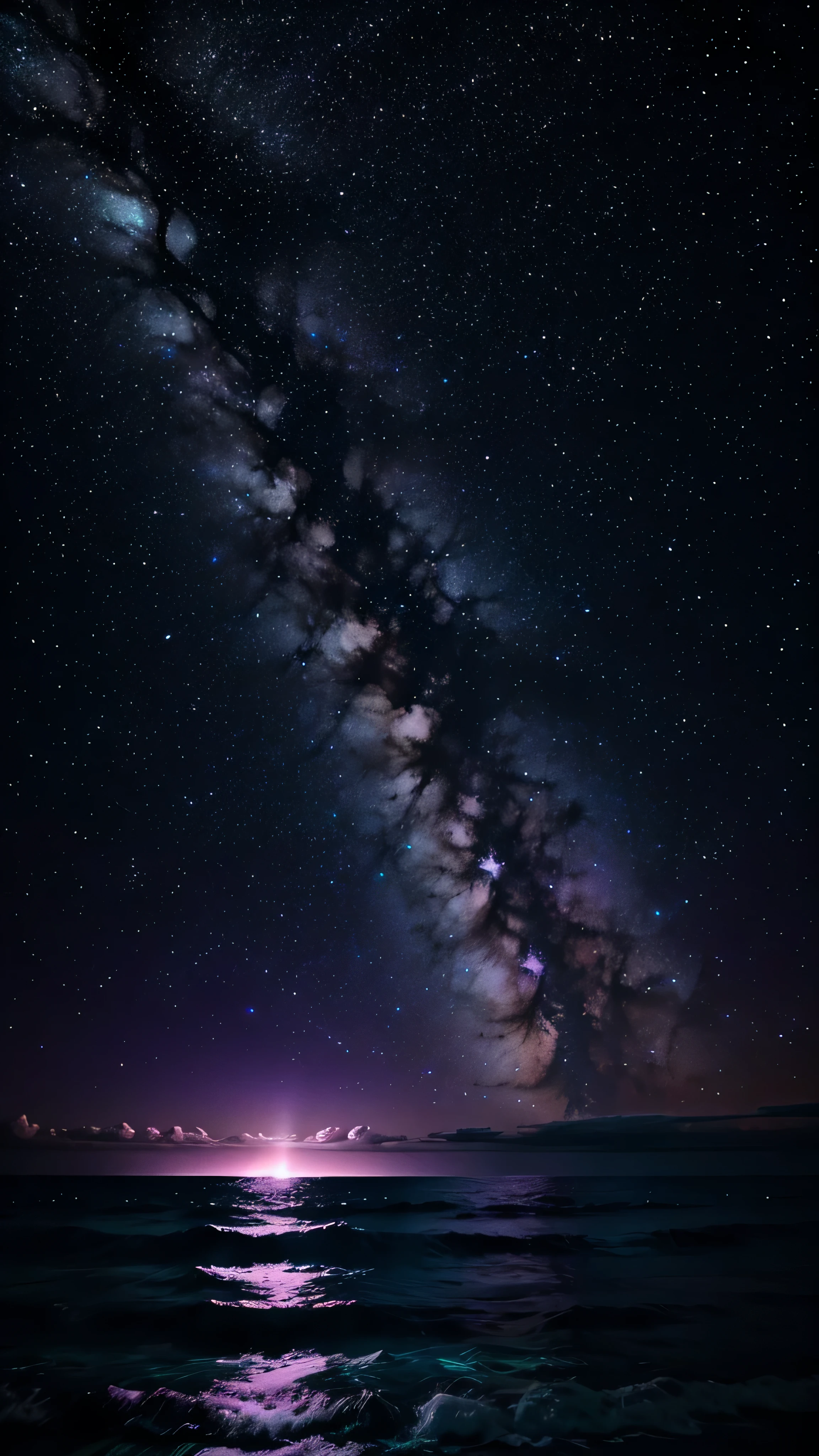 Bioluminescent stars shining in the sky, Pink half moon, Tukoi Sky, Soft cotton cloud, Turkish ocean waves, Shiny, Purple Water, Milky Way, Complementary lighting