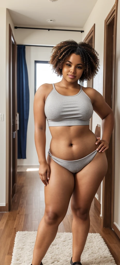 Man standing in apartment wearing thong with a buldge and a crop top with small titties, thick thighs, thick thighs, thick, feminine face features, curly hair, short curly hair, body, thick thighs