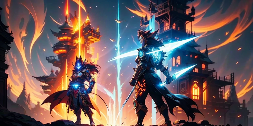 Ancient anime style, artbook, comicbook, RPG, futuristic medieval. Goblin fox warrior, dark red skin, with human face with light red glowing tribal magical tattoos, goblin base with fox features, neon details, with technological tribal armor with glowing magical markings, full body, bare feet, spear with magical markings shiny. Epic scene, wide and deep scenery, with several depth planes, stylish and dynamic pose. In the middle of a magical steampunk technological village, mixing technology and vegetation, buildings with neon details and glowing magical vegetation, magical technological airships with shiny details inspired by ships flying in the sky.