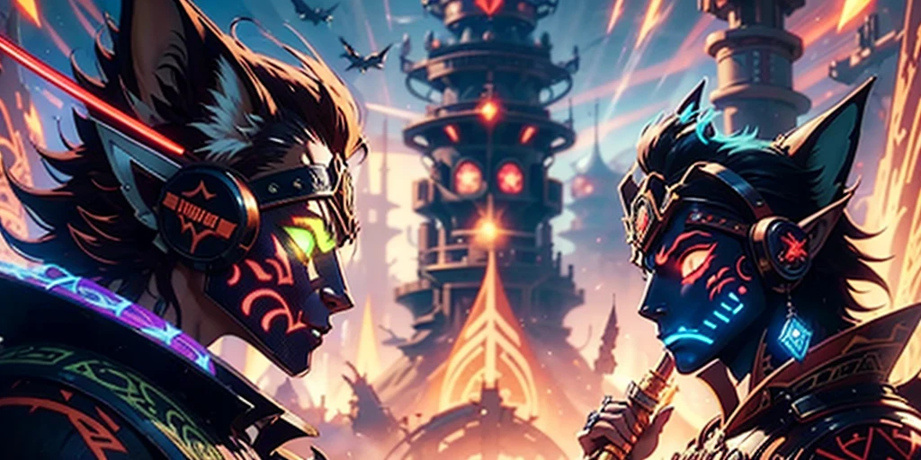 Ancient anime style, artbook, comicbook, RPG, futuristic medieval.  Goblin fox warrior, dark red skin, with human face with light red glowing tribal magical tattoos, goblin base with fox features, neon details, with technological tribal armor with glowing magical markings, full body, bare feet, spear with magical markings shiny.  Epic scene, wide and deep scenery, with several depth planes, stylish and dynamic pose.  In the middle of a magical steampunk technological village, mixing technology and vegetation, buildings with neon details and glowing magical vegetation, magical technological airships with shiny details inspired by ships flying in the sky.