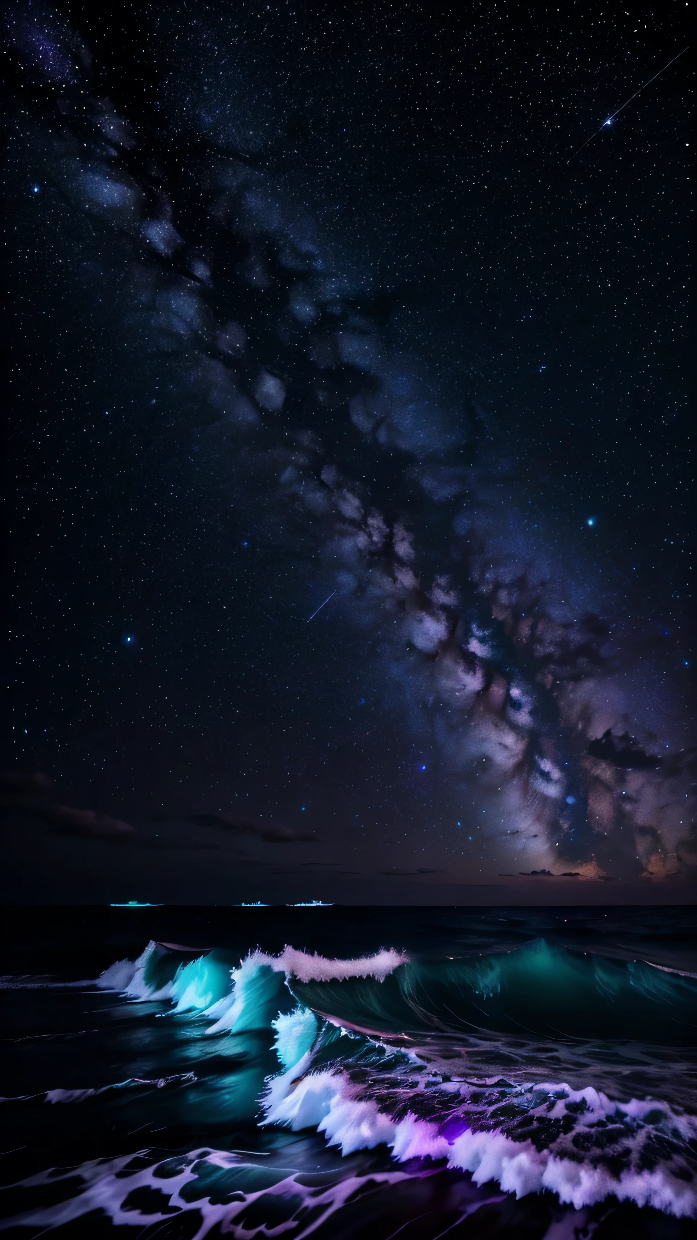 Bioluminescent stars shining in the sky, Pink half moon, Tukoi Sky, Soft cotton cloud, Turkish ocean waves, Shiny, Purple Water, Milky Way, Complementary lighting