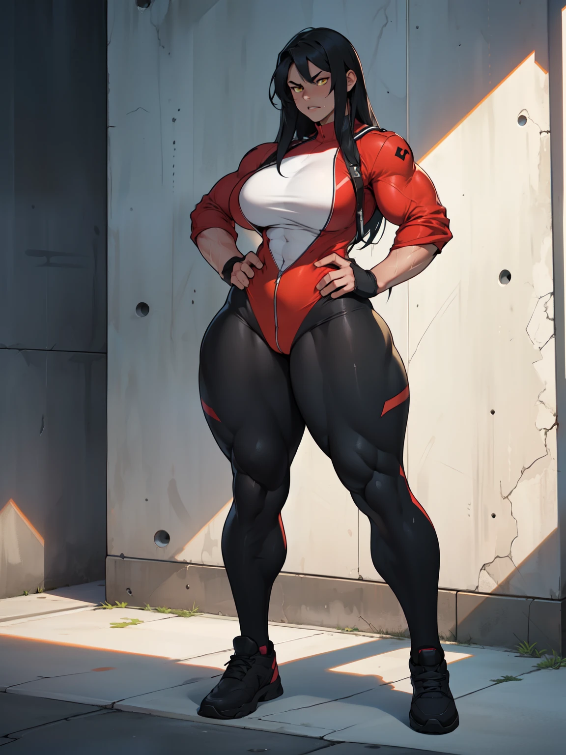 ((((((1girl)))))) ((((((1girl)))))) (((((muscular))))) ((thick thighs huge breasts)) black hair yellow eyes solo angry pale skin sweaty concrete wall very long hair pilot suit curvy wide hips bodybuilder ((full body))