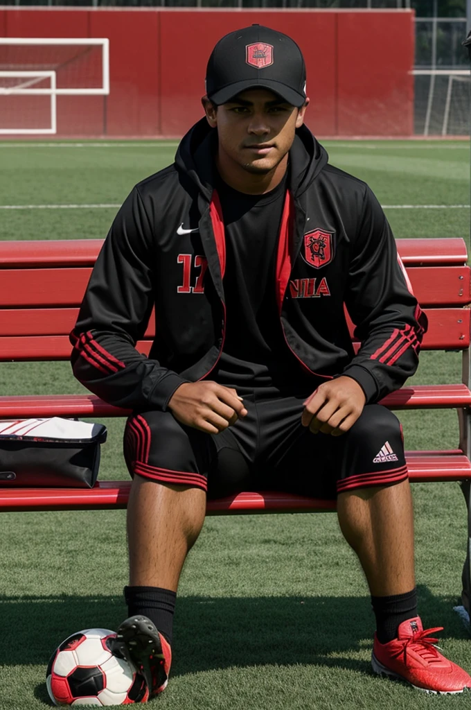Make me a logo for the soccer team,let it be called fc bench warmer ,that has red and black color
