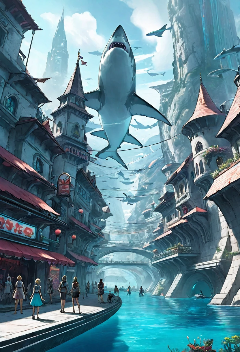 cybercity, medieval and futuristic architecture, buildings between mountains, shark transporting people in the river, underwater metro, rave city