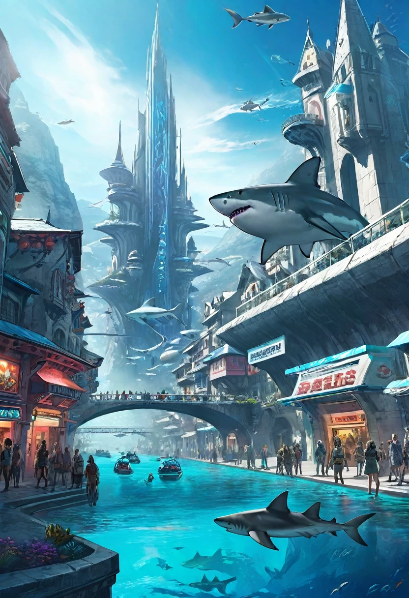 cybercity, medieval and futuristic architecture, buildings between mountains, shark transporting people in the river, underwater metro, rave city