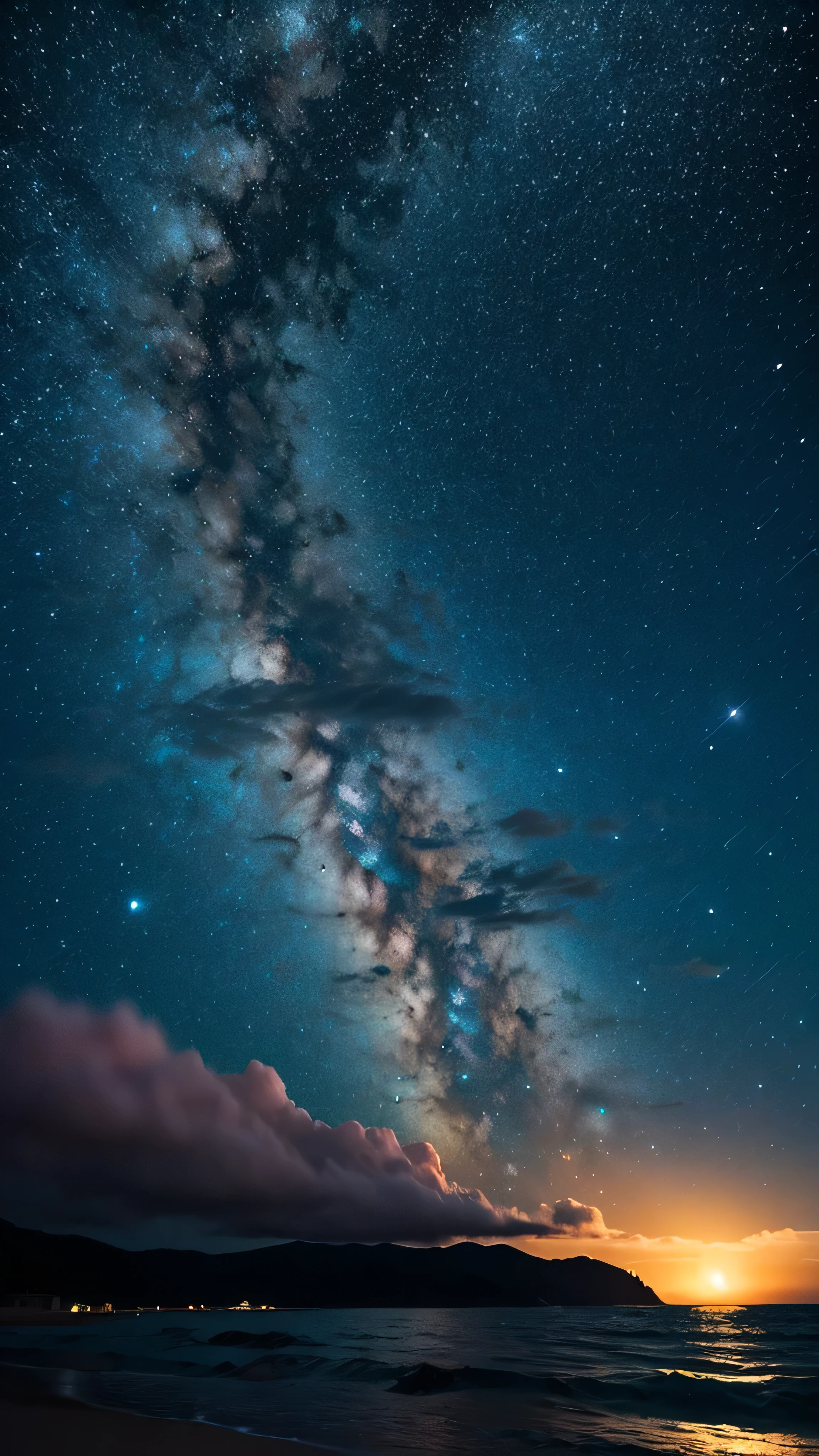 Bioluminescent stars shining in the sky, Pink half moon, Tsukoi Sky, Soft cotton cloud, Turkish sea waves, Shiny, Purple Water, milky way, Complementary lighting