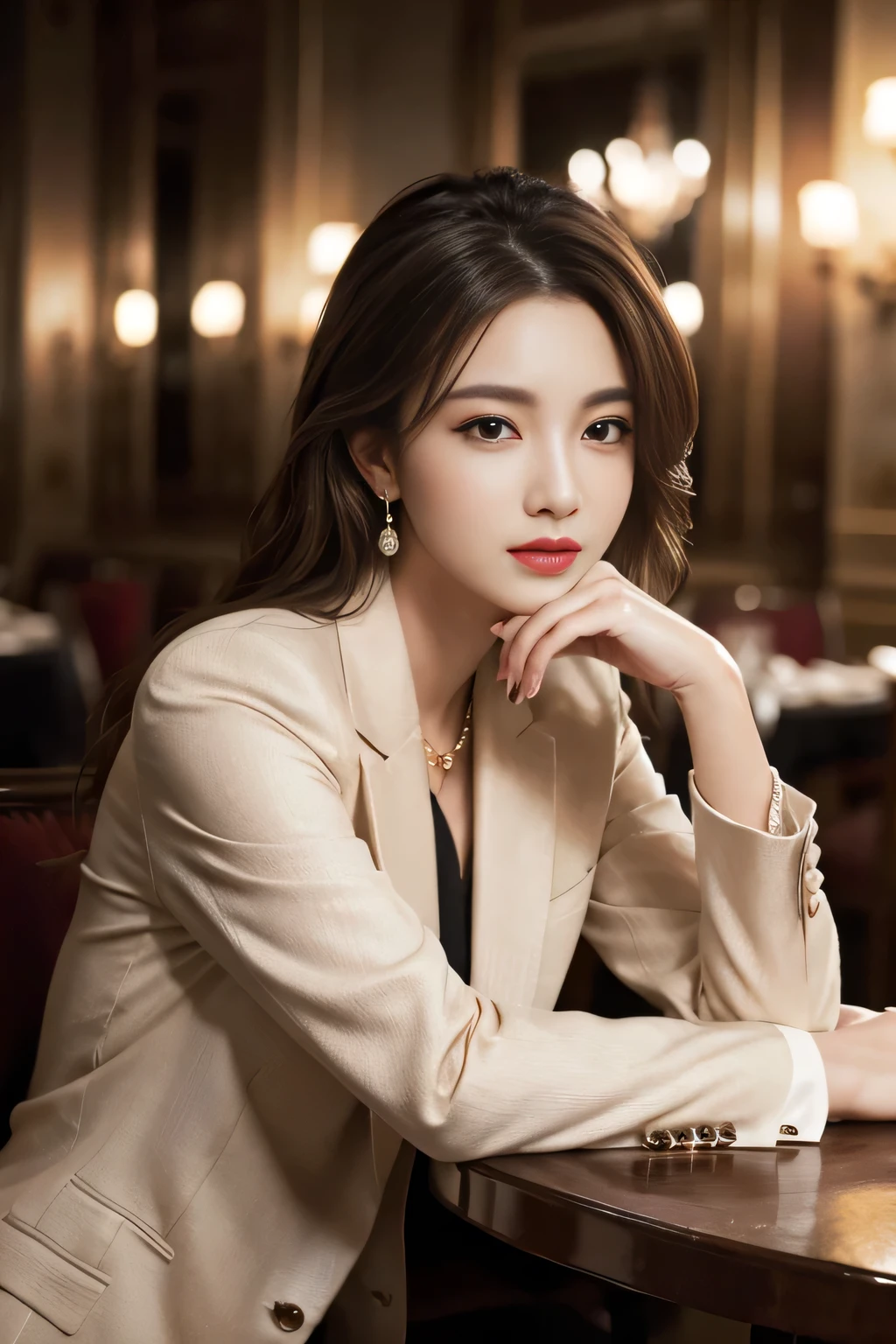 masterpiece, Highest quality, Realistic, Very detailed, Finer details, High resolution, 8k wallpaper, One beautiful woman, Wear a nice suit, Nice restaurant, At night, Light brown messy hair, Perfect dynamic composition, Beautiful and beautiful eyes、Big earrings、Sit on a chair、