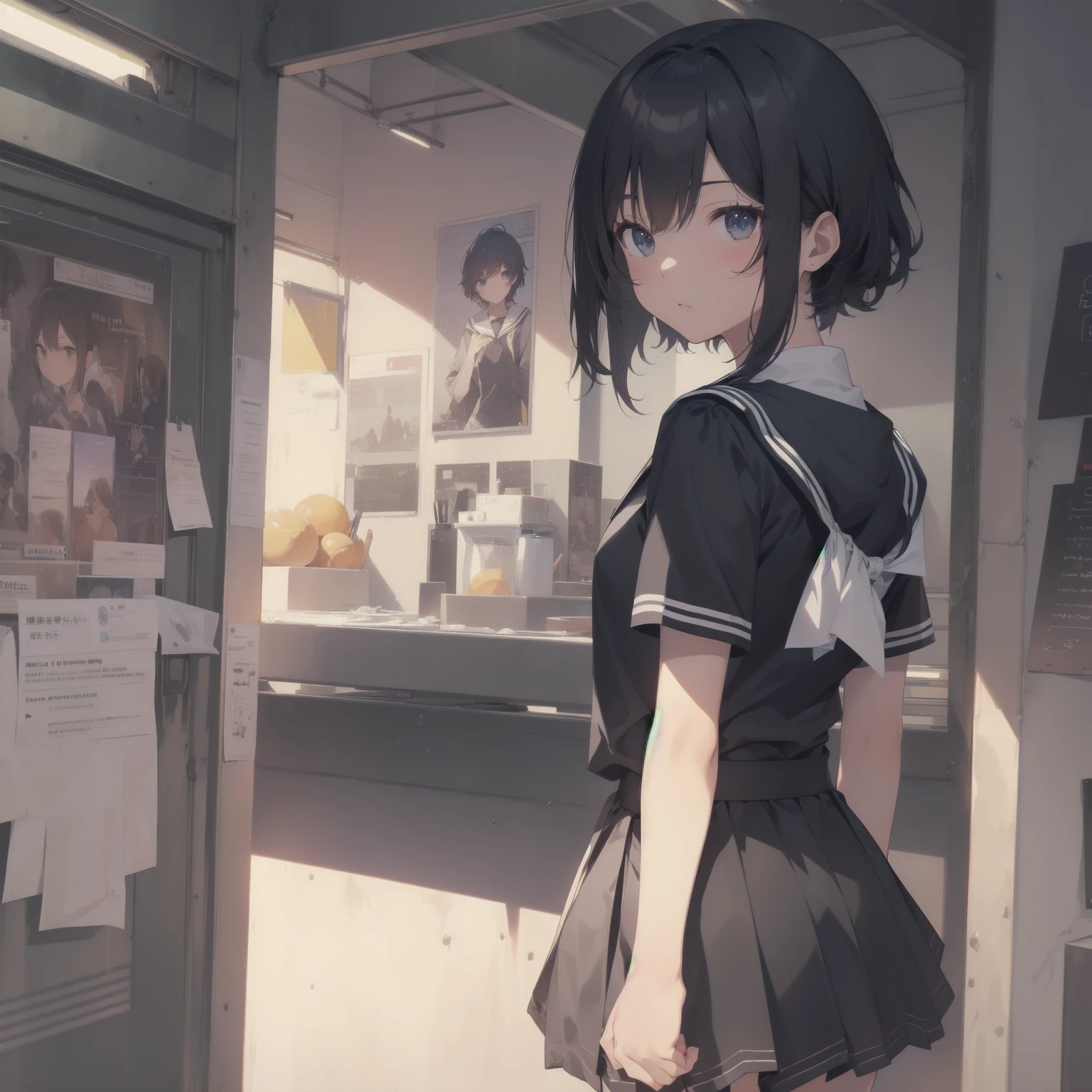 ultra-absurdres-Top quality by artist God, ultra-detailed, high resolution, anime moe artstyle, best anime 8k konachan wallpaper, pixiv contest winner, pool:2810, perfect anatomy,break, 1girl, (Please draw a girl walking sleepily to school alone. )break,(Solo,little female, 13-year-old:1.3),Full limbs, complete fingers,a junior high school student, (very short hair), short cut, flat chest, , small butt, small black eyes, beautiful detailed eyes, well-proportioned iris and pupils, expressive eyes, highres detailed hair, soft expression, salor school_uniform, sailor collar, serahuku, bow, pleated skirt,(Detailed Lighting), (Detailed background), in the School commute route. break,super detailed skin, Best cinematic lighting powered by famous artist, 8k,beauty illustration,photoshop_(medium),very aesthetic,break,((artist:mochi_au_lait )), artist:clamp ,artist:carnelian ,artist:kantoku ,