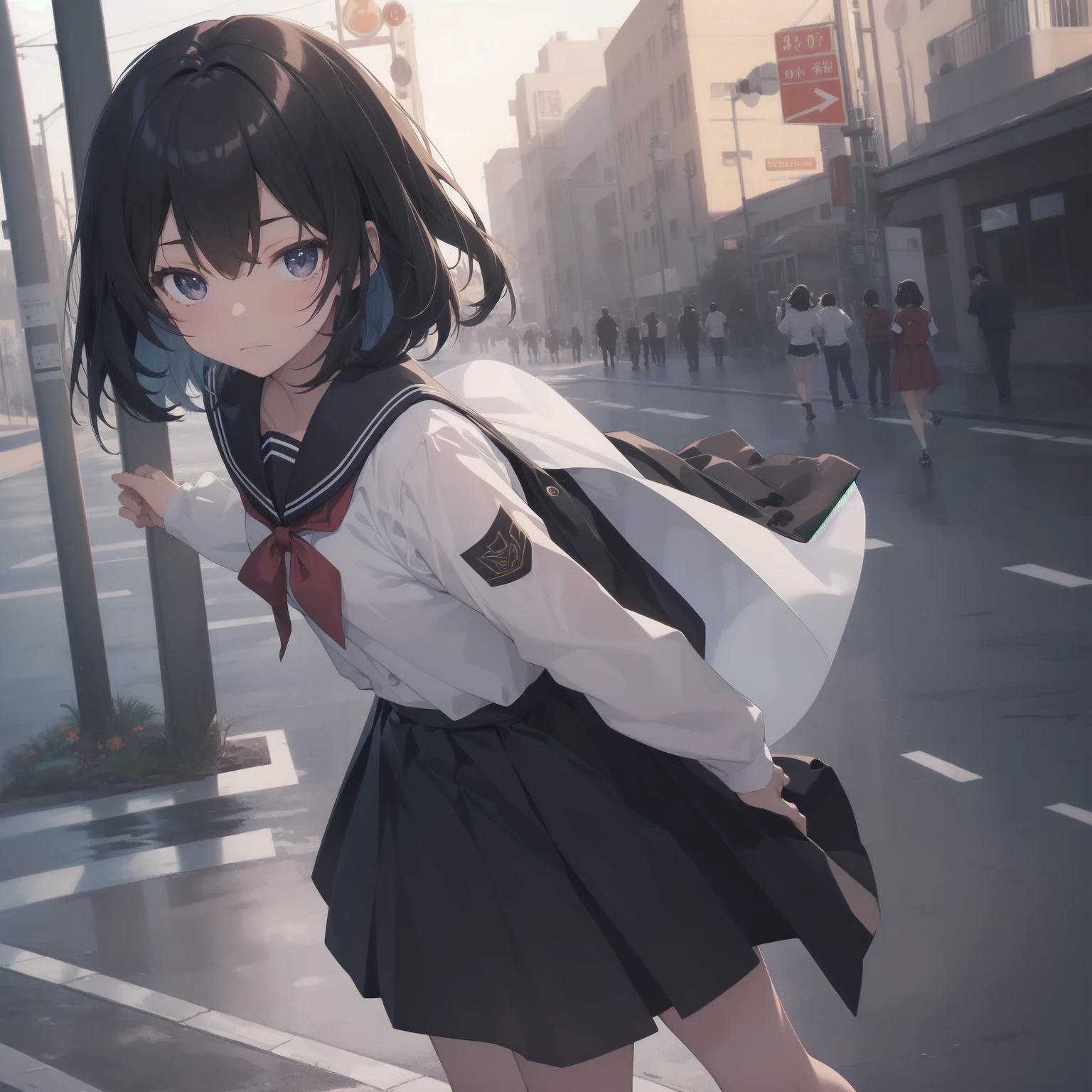 ultra-absurdres-Top quality by artist God, ultra-detailed, high resolution, anime moe artstyle, best anime 8k konachan wallpaper, pixiv contest winner, pool:2810, perfect anatomy,break, 1girl, (Please draw a girl walking sleepily to school alone. )break,(Solo,little female, 13-year-old:1.3),Full limbs, complete fingers,a junior high school student, (very short hair), short cut, flat chest, , small butt, small black eyes, beautiful detailed eyes, well-proportioned iris and pupils, expressive eyes, highres detailed hair, soft expression, salor school_uniform, sailor collar, serahuku, bow, pleated skirt,(Detailed Lighting), (Detailed background), in the School commute route. break,super detailed skin, Best cinematic lighting powered by famous artist, 8k,beauty illustration,photoshop_(medium),very aesthetic,break,((artist:mochi_au_lait )), artist:clamp ,artist:carnelian ,artist:kantoku ,

