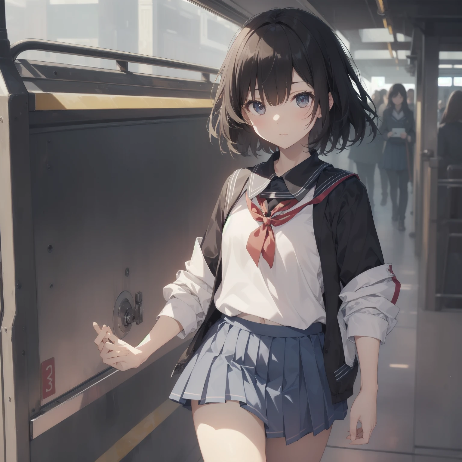 ultra-absurdres-Top quality by artist God, ultra-detailed, high resolution, anime moe artstyle, best anime 8k konachan wallpaper, pixiv contest winner, pool:2810, perfect anatomy,break, 1girl, (Please draw a girl walking sleepily to school alone. )break,(Solo,little female, 13-year-old:1.3),Full limbs, complete fingers,a junior high school student, (very short hair), short cut, flat chest, , small butt, small black eyes, beautiful detailed eyes, well-proportioned iris and pupils, expressive eyes, highres detailed hair, soft expression, salor school_uniform, sailor collar, serahuku, bow, pleated skirt,(Detailed Lighting), (Detailed background), in the School commute route. break,super detailed skin, Best cinematic lighting powered by famous artist, 8k,beauty illustration,photoshop_(medium),very aesthetic,break,((artist:mochi_au_lait )), artist:clamp ,artist:carnelian ,artist:kantoku ,
