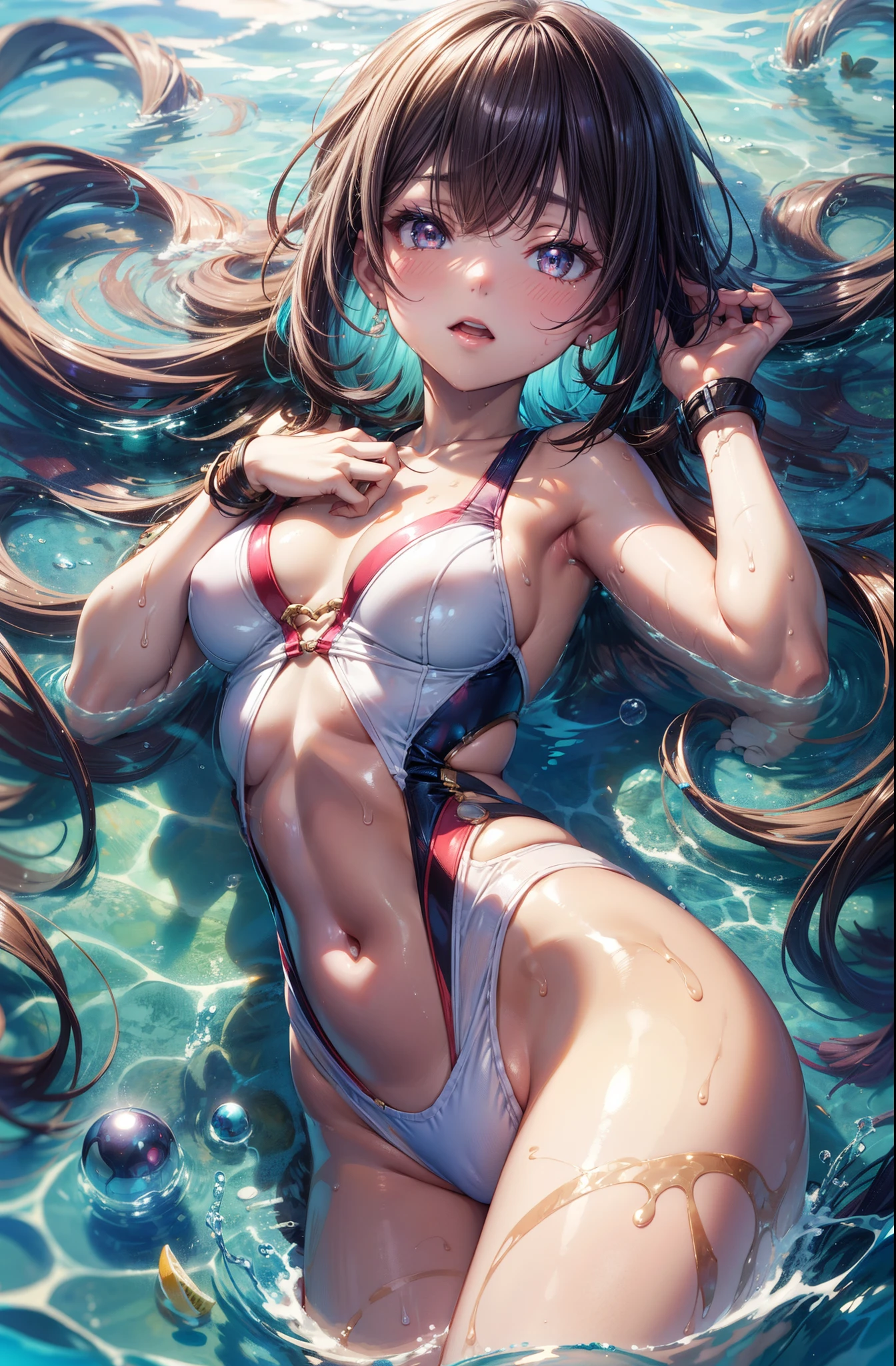 ((Bright pop-colored white swimsuits, lying on the water and floating)), (((solo))), Masterpiece,(share),One cute girl, Highest quality,High resolution,High resolution,Highly detailed CG,8K Unit Wallpaper,,Beautiful attention to detail,small Breasts,Biomechanical OPPAI,No sleeve,,(Shiny body:1.3),Open your mouth, blush, Sweat,Embarrassed,sexy,(Erect nipples:0.5),(camel toe:0.3),Navel, tan skin,