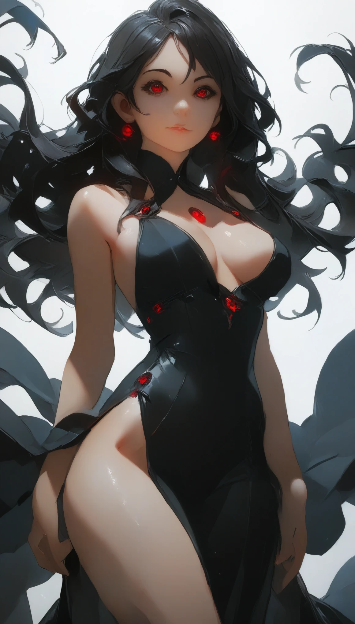 girl, Black Hair, Red eyes, Dark Eyes, dark Black Hair that does not reflect light, Long Hair, expensive, Wide hips, Medium Chest, Round Breasts, Beautiful Face, Wearing a long black dress