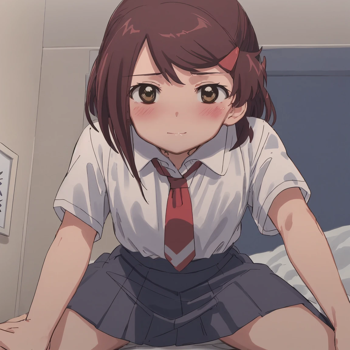 1girl, (suminoe_ako:1.3), solo, blush, closed mouth, skirt, white shirt, (red necktie:1.0), looking at viewer, bedroom, (brown:1.0), short sleeves, (orgasming:1.5)