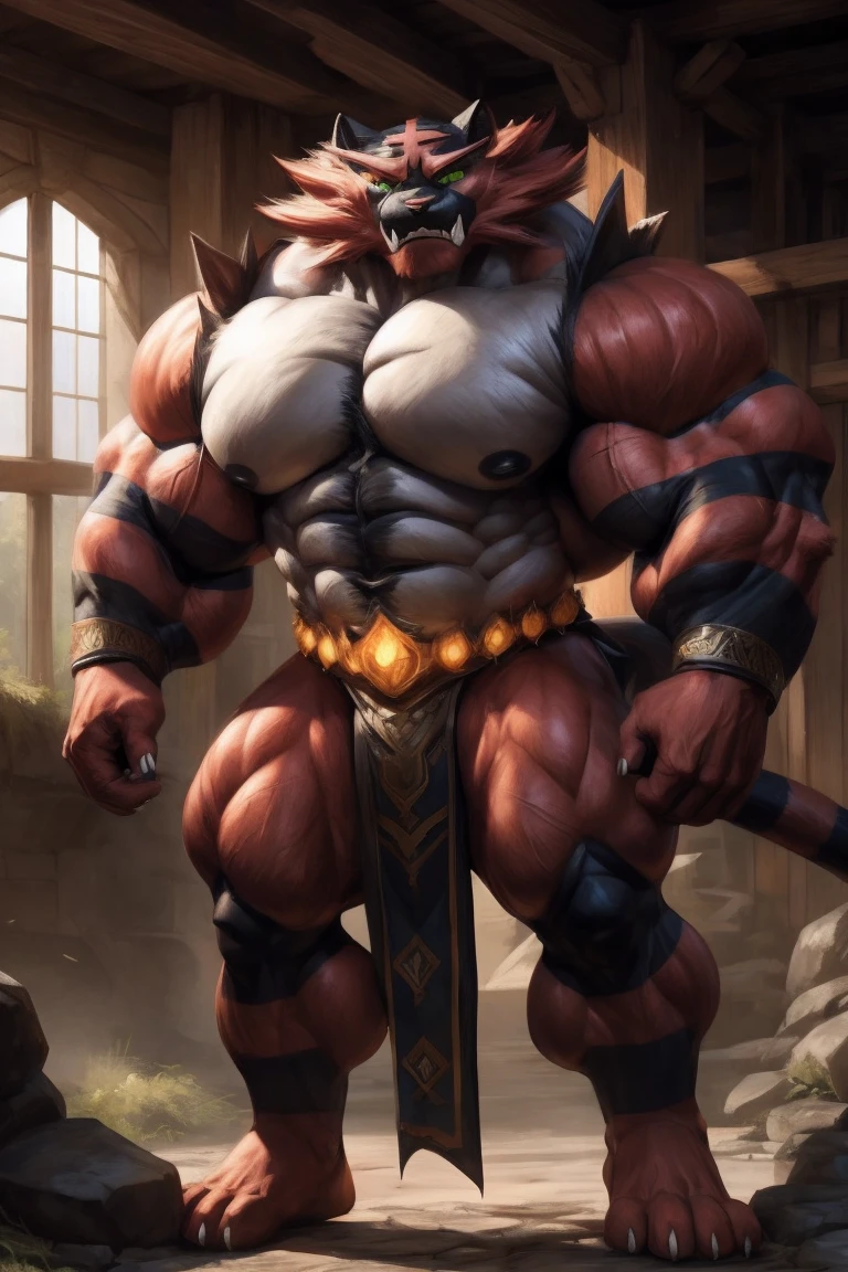 incineroar, furry, male, solo, looking at viewer, bad boy, ultra detailed, front view,pose, abs, pecs. perfect lighting, CG, detailed fur texture, by Pino Daeni, niji, black fur, white ears, yellow eyes, white skin, bodybuilder, muscular,Art,high_detailed_background, wide, wide_body, strong_body, muscular_body, visible_abs,abs,big_pecs, visible_pecs, huge_body, warrior, confident,mane, hyper_body, hyper_torso, perfect_eyes,Huge pec, muscular pec, huge pec muscle, gigachad muscular, muscular!!, large muscles, big muscle, muscular!, powerful and huge, big muscles, muscular!!!, muscular characters, musclebound and hulking, giant and fat, as a titan, muscular!! sci-fi, massive muscles, strong and imposing, big arms extre, tall, long_legs, huge, size_difference, kingdom, medieval_age, armor_loincloth,loincloth,metalic_lointhcloth, leather armor on_chest. shoulder armor. kingdom, forest, leather armor on_chest. shoulder armor. , leather armor on_chest. shoulder armor. , leather armor on_chest. shoulder armor.