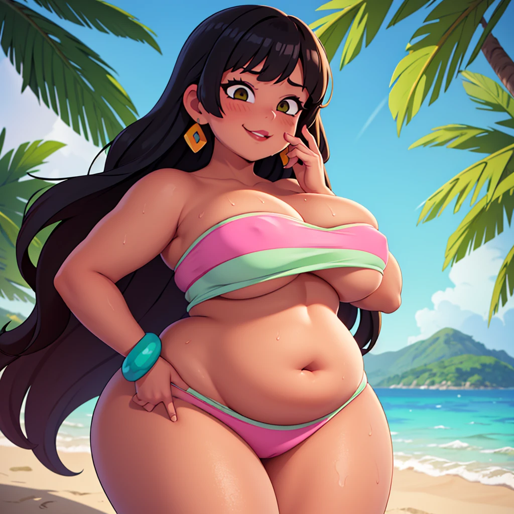 (work of art:1.2, best qualityer:1.2, dark ambient:1.1), SSBBW, Giant breasts, thunder thighs, soft, 1 girl, standing alone, Chel, black hair, long hair, hombus stripe, eyes browns, darkskin, lipstick, breasts big, Broad Hips, top of the tube, bared shoulders, emerald earrings, looking at the camera with a smug expression on his face, beach background, very large body, fat belly rolls, big breasts, sexy smile, fat arms, thunder thighs, super fat, looking at viewer, wet clothes, sweating very hard, sexy looking, blob, night beach, céu estrelado, night, very dark ambient, pov, sexy ambient, small girl, SUPER VERY VERY OBESE, LARGE GIRL, SHE GETS VERY HORNY,
