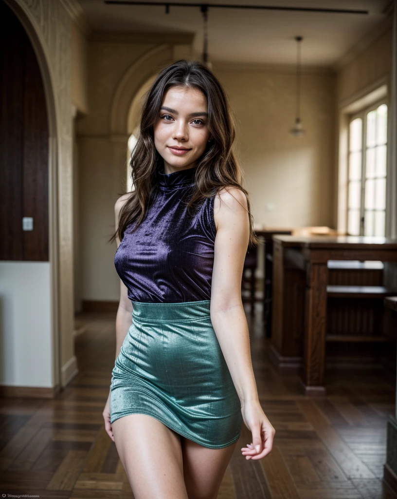 Cute beautiful and sexy European brunette with light green eyes, 22 years, 


seductive look in the eyes, girl wears designer purple velvet dress, castle ruins, full body shot, walking, sardonic smile, purple velvet dress, sneakers, bare legs, purple dress,

innocent face, face length 1.3 times the width of the face, Almond eyes, square face shape, high cheekbones, naturally wavy hair, light green eyes, High resolution, Masterpiece, Best Quality, intricate details, Very detailed, sharp focus, detailed skin, realist skin texture, texture, detailed eyes, professional, 4k, charming smile, shot with cannon, depth of field, Kodak Color Vision, perfectly fitted body, extremely detailed, Photo_\( ultra\), Photorealist, realist, Post processing, maximum details, roughness, real life, ultrarealist, Photorealism, Photography, 8k hd, Photography
