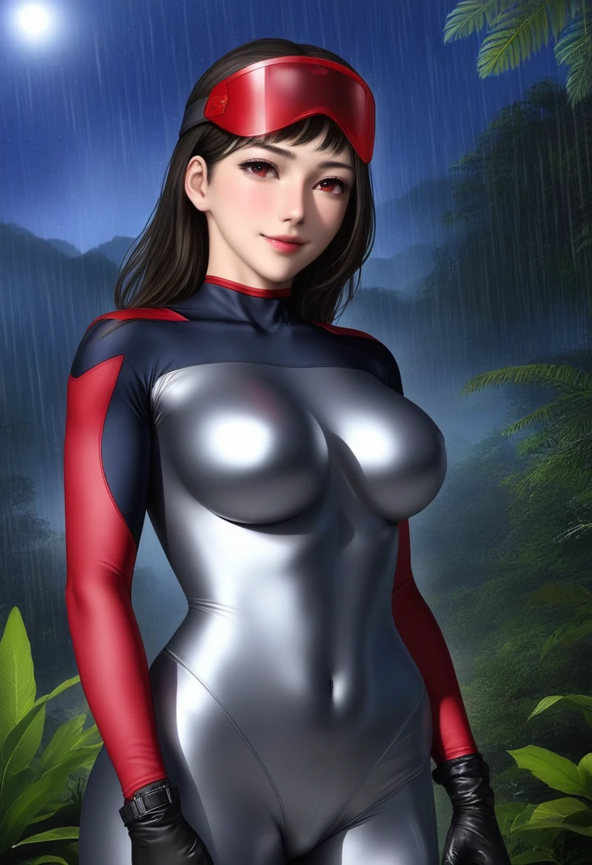 zPDXL, source_anime, BREAK Trilla, ((helmet with red translucent visor)), , armor,silver gloves,tight bodysuit,,silver pants, BREAK close-up, solo, standing, front view, medium breasts, , wide hips, BREAK x3dce, 3d, jungle background, dense vegetation, rain, night, night sky, Latex
