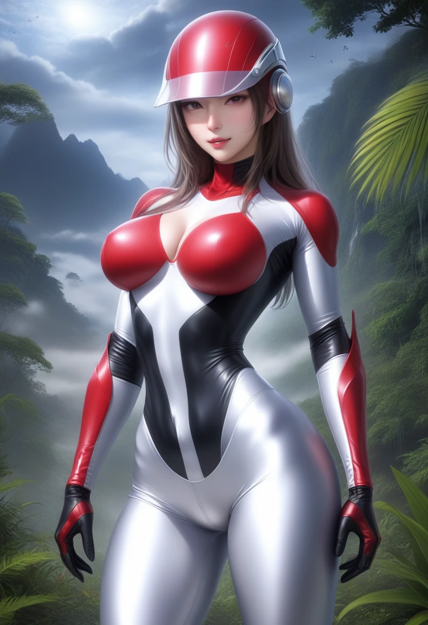 zPDXL, source_anime, BREAK Trilla, ((helmet with red translucent visor)), , armor,silver gloves,tight bodysuit,,silver pants, BREAK close-up, solo, standing, front view, medium breasts, , wide hips, BREAK x3dce, 3d, jungle background, dense vegetation, rain, night, night sky, Latex
