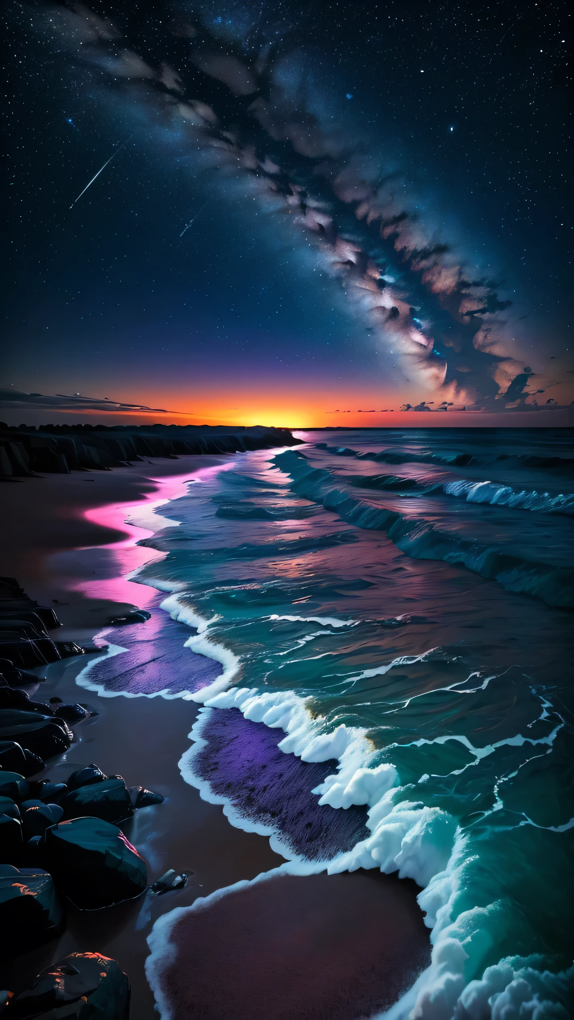 Bioluminescent stars shining in the sky, Pink half moon, Tukoi Sky, Soft cotton cloud, Turkish ocean waves, Shiny, Purple Water, Milky Way, Complementary lighting