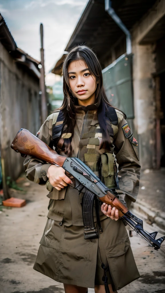 Masterpiece, beautiful 20 year old Indonesian woman in student uniform holding AK47 rifle, long hair, slim athletic body, detailed eyes, proud Indonesian female student, portrait of female student, female student portrait, beautiful female student, Indonesia, about a sniper girl in the war, holding a rifle AK47, holding a rifle, arms folded, portrait of a female city guard, standing in the middle of the city, portrait taken from below, portrait taken, by Arthur Sarkissian, face full of determination, with an AK47 rifle, with an AK47 rifle in hand, very high resolution .photorealistic: 1.4, UHD, beautiful city background,.