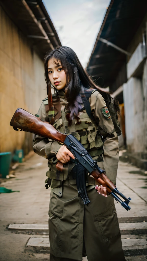 Masterpiece, beautiful 20 year old Indonesian woman in student uniform holding AK47 rifle, long hair, slim athletic body, detailed eyes, proud Indonesian female student, portrait of female student, female student portrait, beautiful female student, Indonesia, about a sniper girl in the war, holding a rifle AK47, holding a rifle, arms folded, portrait of a female city guard, standing in the middle of the city, portrait taken from below, portrait taken, by Arthur Sarkissian, face full of determination, with an AK47 rifle, with an AK47 rifle in hand, very high resolution .photorealistic: 1.4, UHD, beautiful city background,.