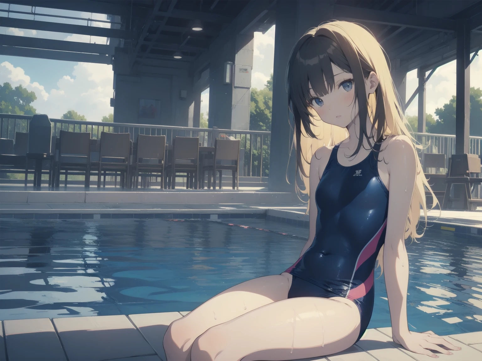 ultra-Top-quality by art God, ultra-detailed, high resolution, shinkai makoto style, anime moe artstyle, best anime 8k konachan wallpaper, pixiv contest winner, perfect anatomy, break,(Please draw a picture of a girl in a swimsuit sitting on a bench by the poolside alone.),break, a hyperrealistic school girl, parted lips, (Solo,lolita, kid, 13-year-old:1.3),Full limbs, complete fingers, androgynous charm, very long hair, wet hair, small breasts,slender body, Small butt, groin, Small black eyes,hanme,beautiful detailed eyes, well-proportioned iris and pupils, sleepily, highres detailed hair, swimsuit, wet swimsuit, bare shoulders, thighs, in the school pool. break,super detailed skin, shiny skin, Best lighting powered by famous artist, 8k, illustration,UHD, textured skin,break,((artist:toosaka_asagi )), artist:clamp ,artist:carnelian ,artist:kantoku ,