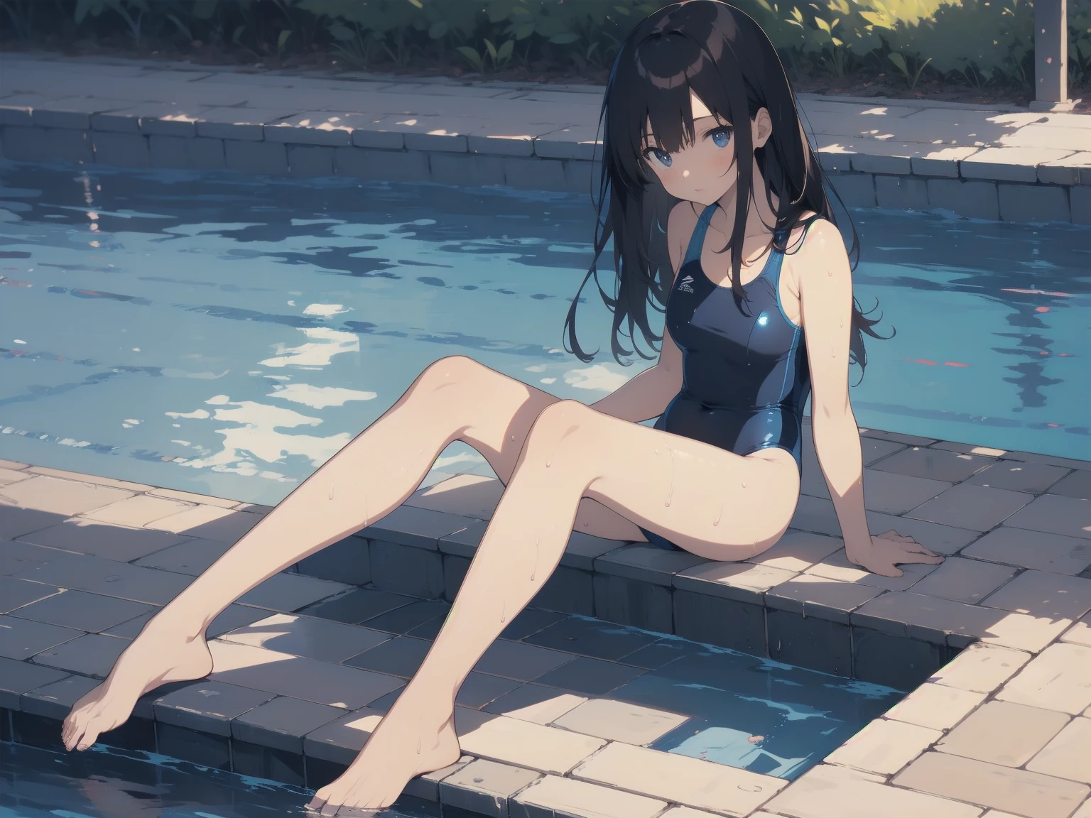 ultra-Top-quality by art God, ultra-detailed, high resolution, shinkai makoto style, anime moe artstyle, best anime 8k konachan wallpaper, pixiv contest winner, perfect anatomy, break,(Please draw a picture of a girl in a swimsuit sitting on a bench by the poolside alone.),break, a hyperrealistic school girl, parted lips, (Solo,lolita, , 13-ar-1.3),l limbs, complete fingers, androgynous charm, very long hair, wet hair, small breasts,slender body, Small butt, groin, Small black eyes,hanme,beautiful detailed eyes, well-proportioned iris and pupils, sleepily, highres detailed hair, swimsuit, wet swimsuit, bare shoulders, thighs, in the school pool. break,super detailed skin, shiny skin, Best lighting powered by famous artist, 8k, illustration,UHD, textured skin,break,((artist:toosaka_asagi )), artist:clamp ,artist:carnelian ,artist:kantoku ,