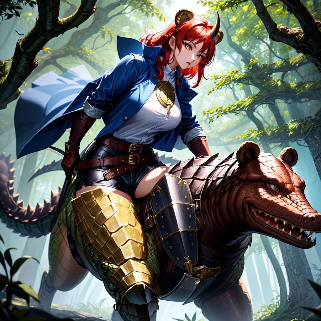 young Korean woman with golden eyes and a tail of lush red hair, big red horn, tanned bronze skin, huge chest, dressed in a blue coat with rolled up sleeves, a steel breastplate, a wide leather belt, leather shorts, leather gloves, rides a powerful mutant half crocodile half bear in armor on background of a dense forest, dark fantasy,