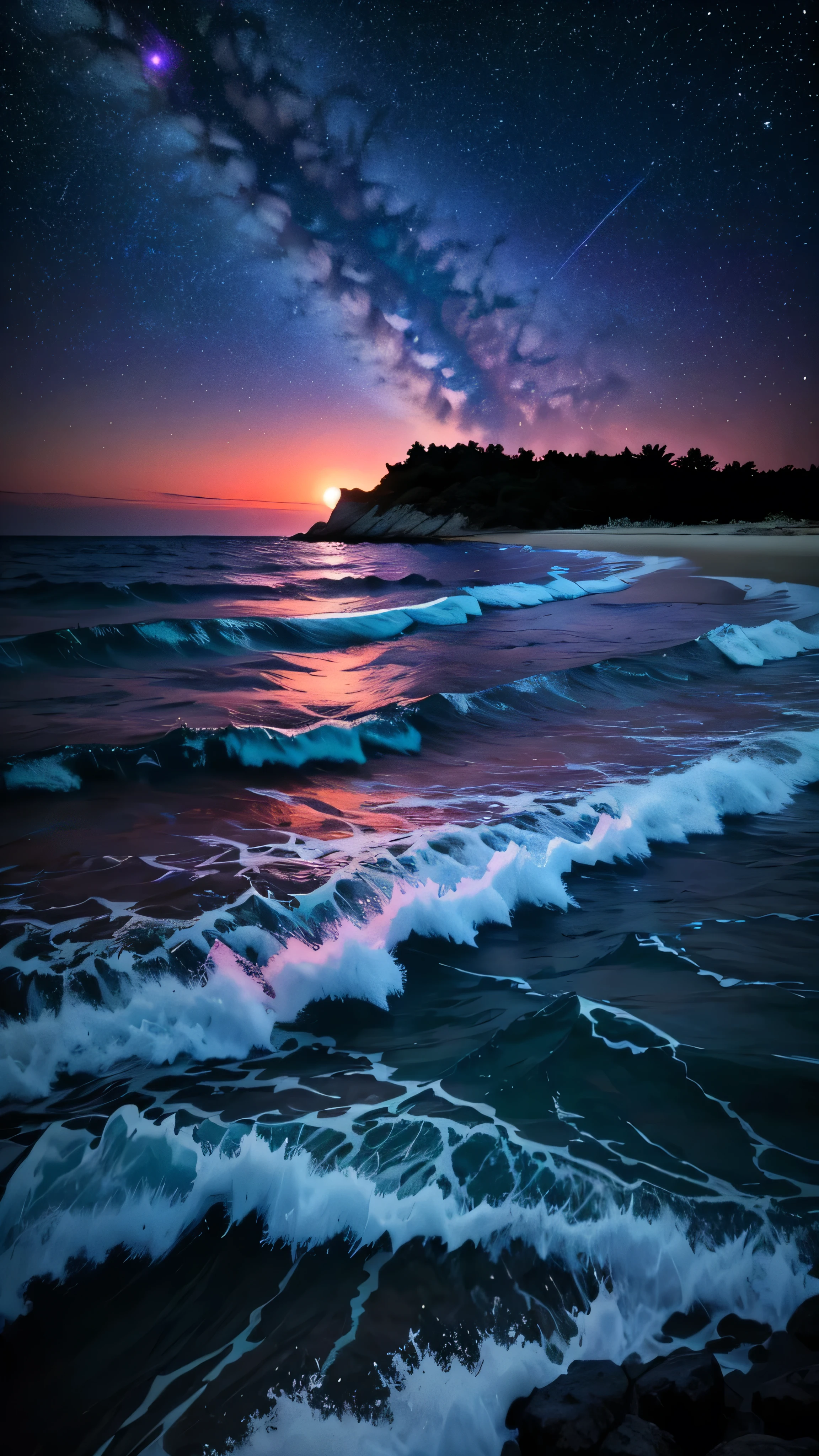Bioluminescent stars shining in the sky, Pink half moon, Tukoi Sky, Soft cotton cloud, Turkish ocean waves, Shiny, Purple Water, Milky Way, Complementary lighting