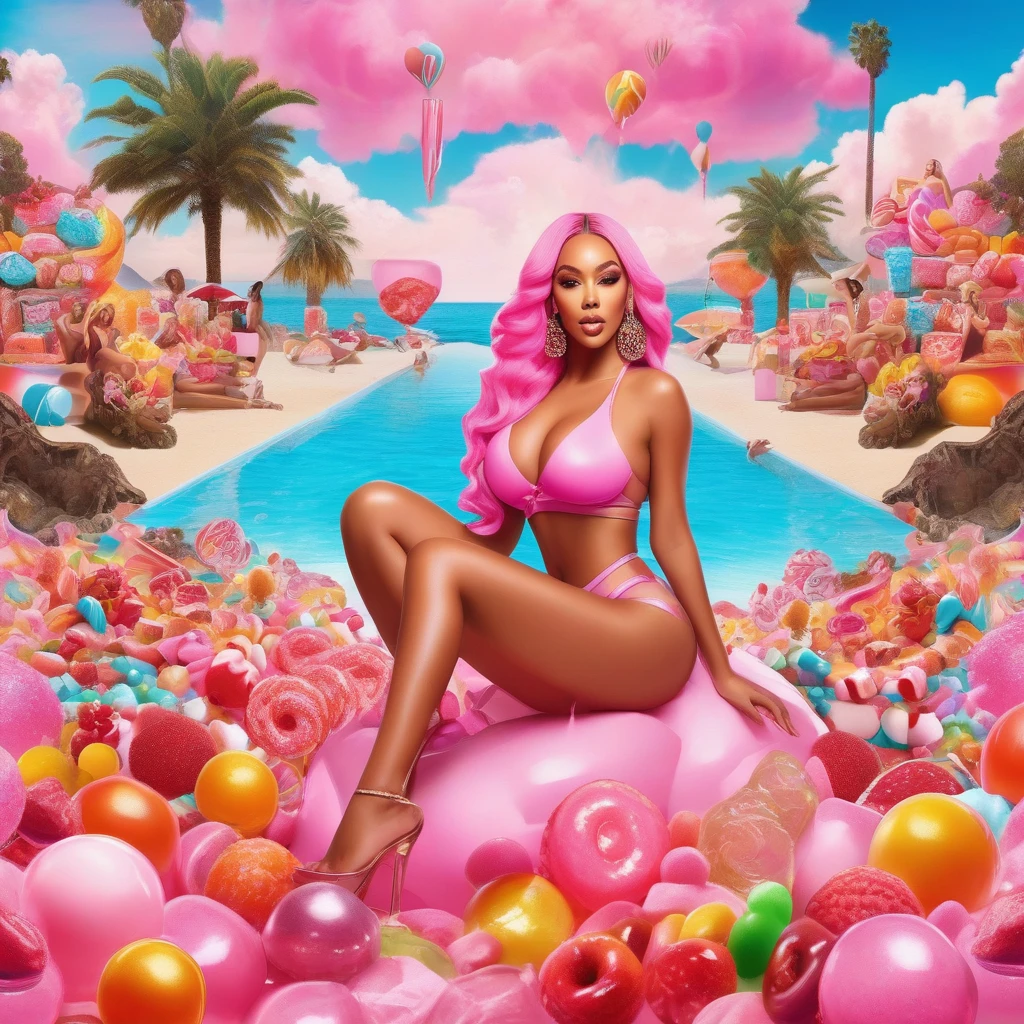 advertising poster, Promotional Photo of the Single Pop Rap CALIFORNIA GIRLS by the artist called Doja Cat, in the pink clouds dressed in bikinis, spread across the image various sweets, candies, lollipops, jellies, hair down to the feet, big ass, perfect body, landscape fantastic,