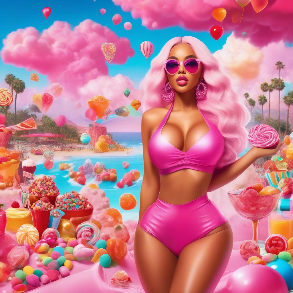 advertising poster, Promotional Photo of the Single Pop Rap CALIFORNIA GIRLS by the artist called Doja Cat, in the pink clouds dressed in bikinis, spread across the image various sweets, candies, lollipops, jellies, hair down to the feet, big ass, perfect body, landscape fantastic,