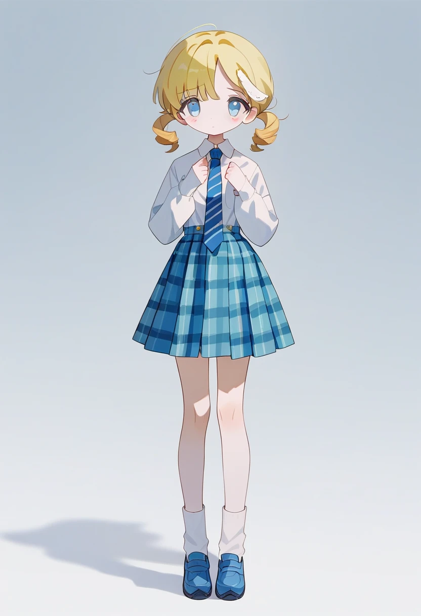 1girls,yellow hair, short hair, curly twin tails, long sleeves, white button up, dark blue tie, blue plaid skirt, short white socks, blue shoes, shy look, standing up, full body, score_9,score_8_up,score_7_up,Expressiveh,rating_safe,(masterpiece, best quality)